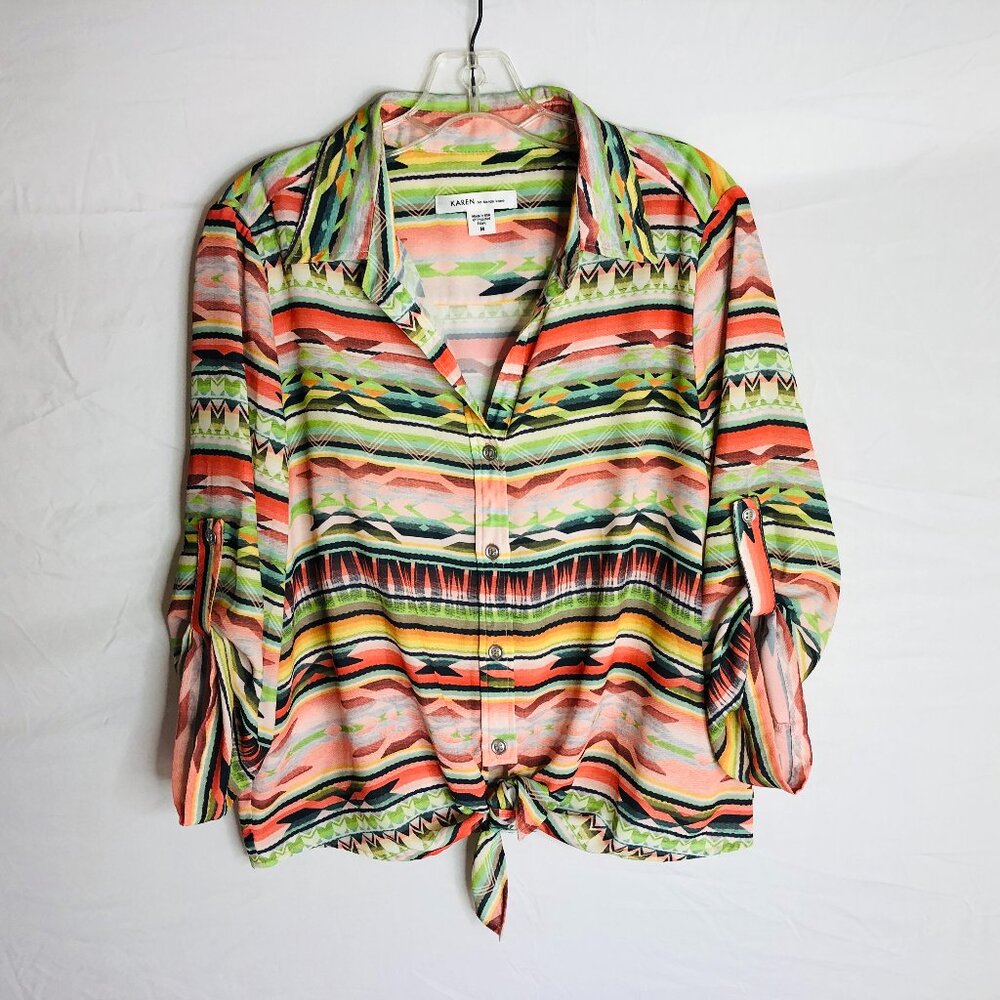 Karen Kane Womens Size Medium Southwestern Aztec Button Up Front Tie Blouse Top